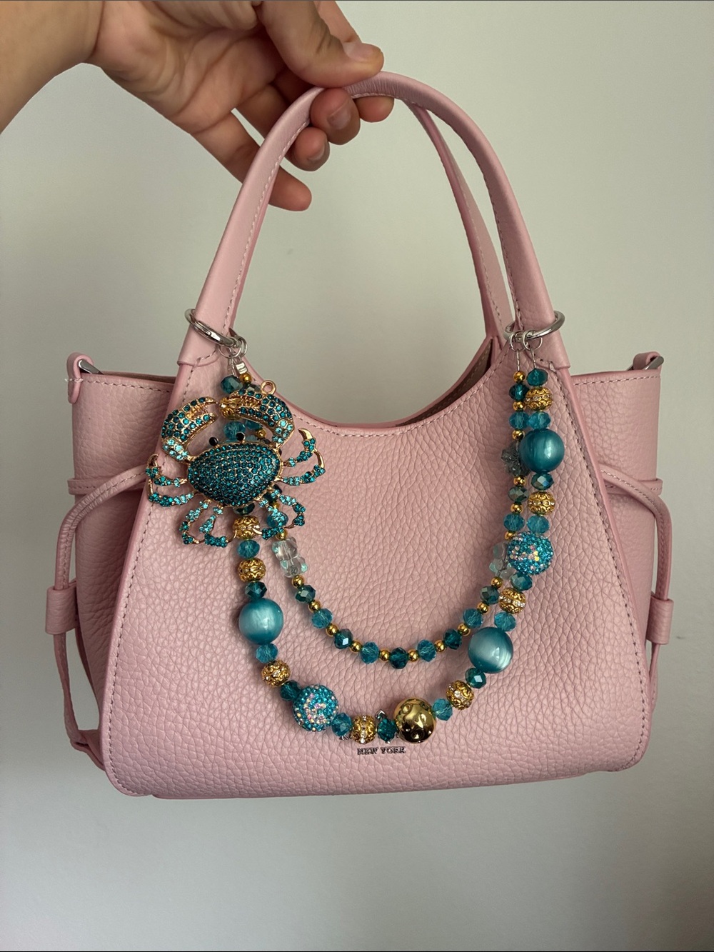 Teal Crystal Crab Pendant Charm Beaded Bag Chain
